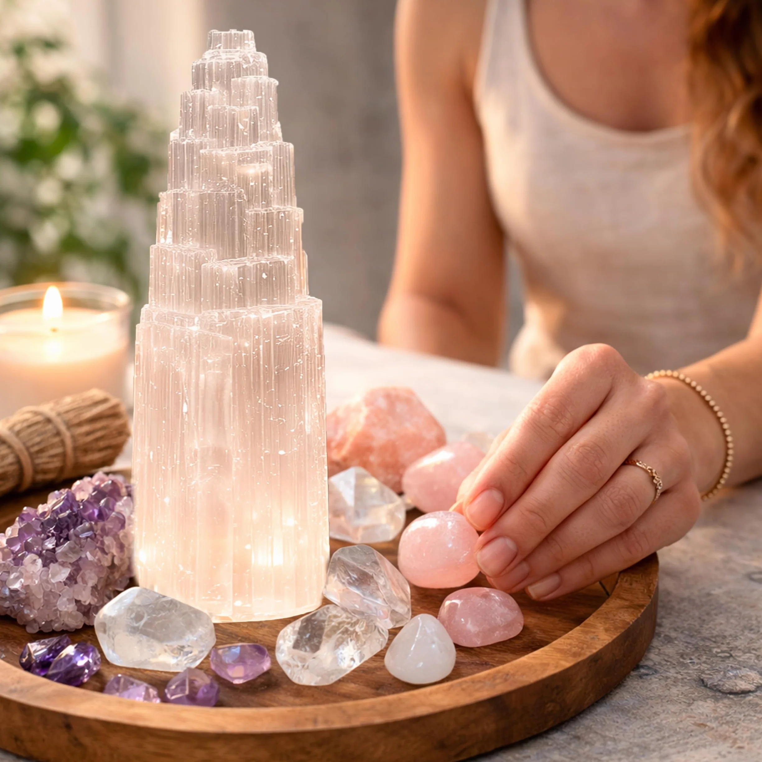 NKlaus Torre de Energía de Selenita 20 cm – Columna de piedra curativa hecha a mano para meditación, reiki y protección – Ideal para armonización de espacios y limpieza espiritual