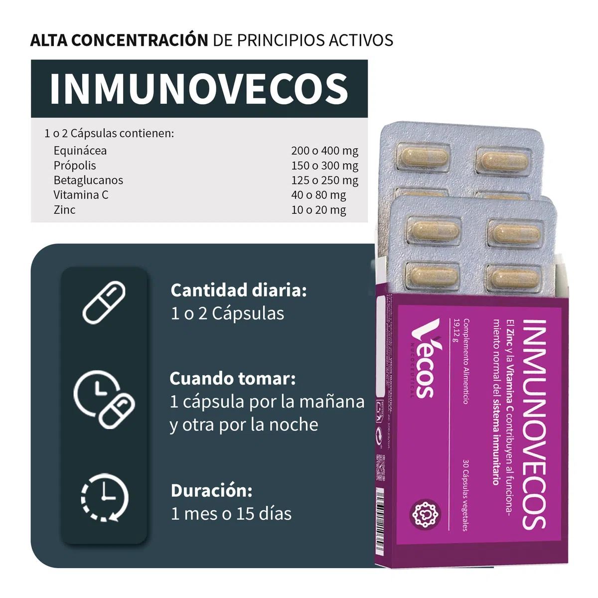 INMUNOVECOS Complemento alimenticio con Equinácea, Propóleo, Vitamina C y beta-glucanos – 30 cápsulas