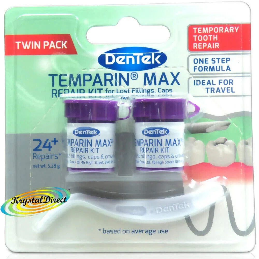 Dentek Temparin Max Home Kit de reparación dental para reparación de rellenos perdidos y tapas sueltas, coronas o incrustaciones, más de 24 reparaciones, 15,7 g