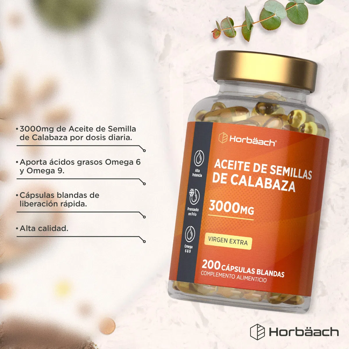 Aceite de Semillas de Calabaza 3000mg | 1350mg Omega 6 y 450mg Omega 9 | 200 Cápsulas | Máxima Potencia | Prensado en Frío y Extra Virgen | Pumpkin Seed Oil | de Horbaach