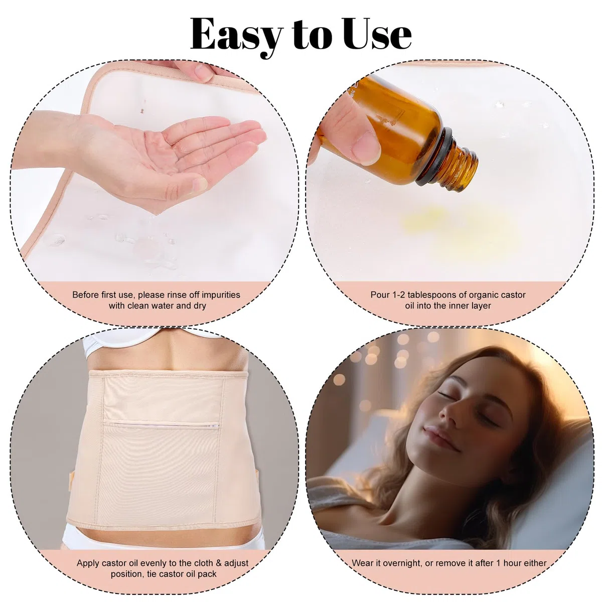 Paquete de 2 unidades de aceite de ricino reutilizable de algodón orgánico de compresión para estómago y cuello con banda elástica ajustable, impermeable, antifugas, correa elástica, algodón de