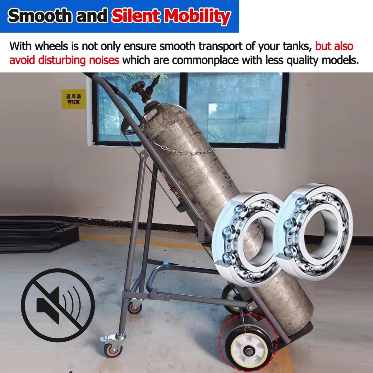 Soporte portátil para tanque de oxígeno rodante con ruedas, estante fijo de gas de un solo cilindro para almacenamiento de 40/50 L, mango retráctil,