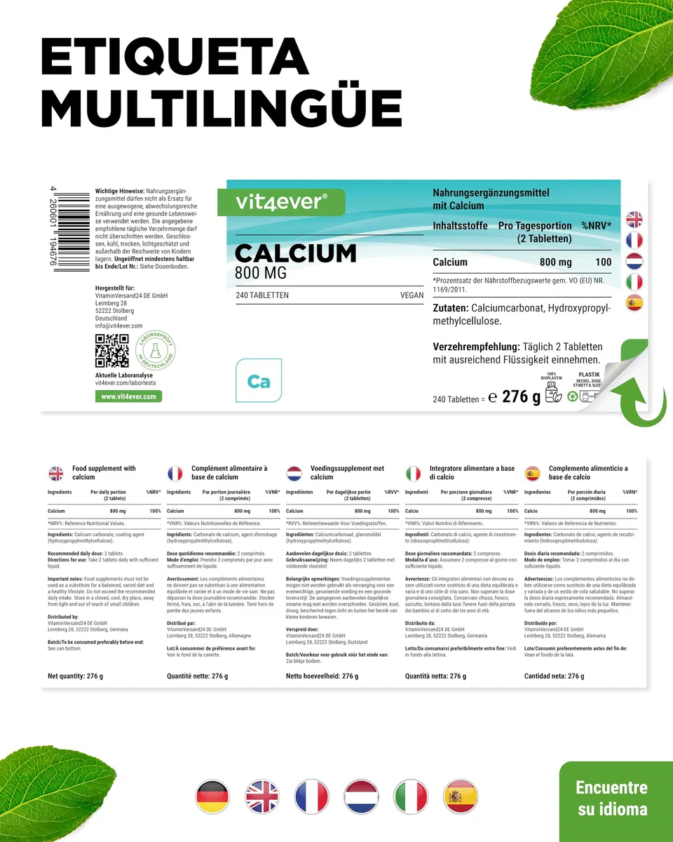 Calcio - 240 comprimidos - 800 mg de calcio procedente de carbonato cálcico por porción diaria - Para 4 meses - Vegano, de alta dosis y sin aditivos indeseables