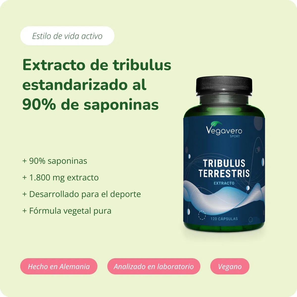 Tribulus Terrestris PURO | 10.800 mg | 90% Saponinas | Masa Muscular | Potenciador + Energizante | Testado en Laboratorio | Sin Aditivos & Vegano | 120 Capsulas | Vegavero