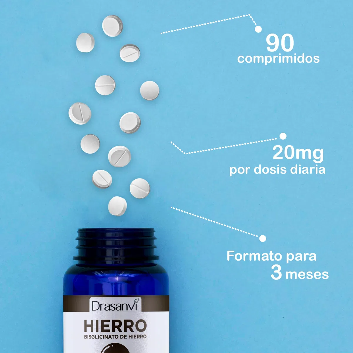 DRASANVI MINERAL BISGLICITANO DE HIERRO FERROCHEL - Mineral esencial relacionado con numerosas funciones - VEGANO - SIN GLUTEN - 90 comprimidos
