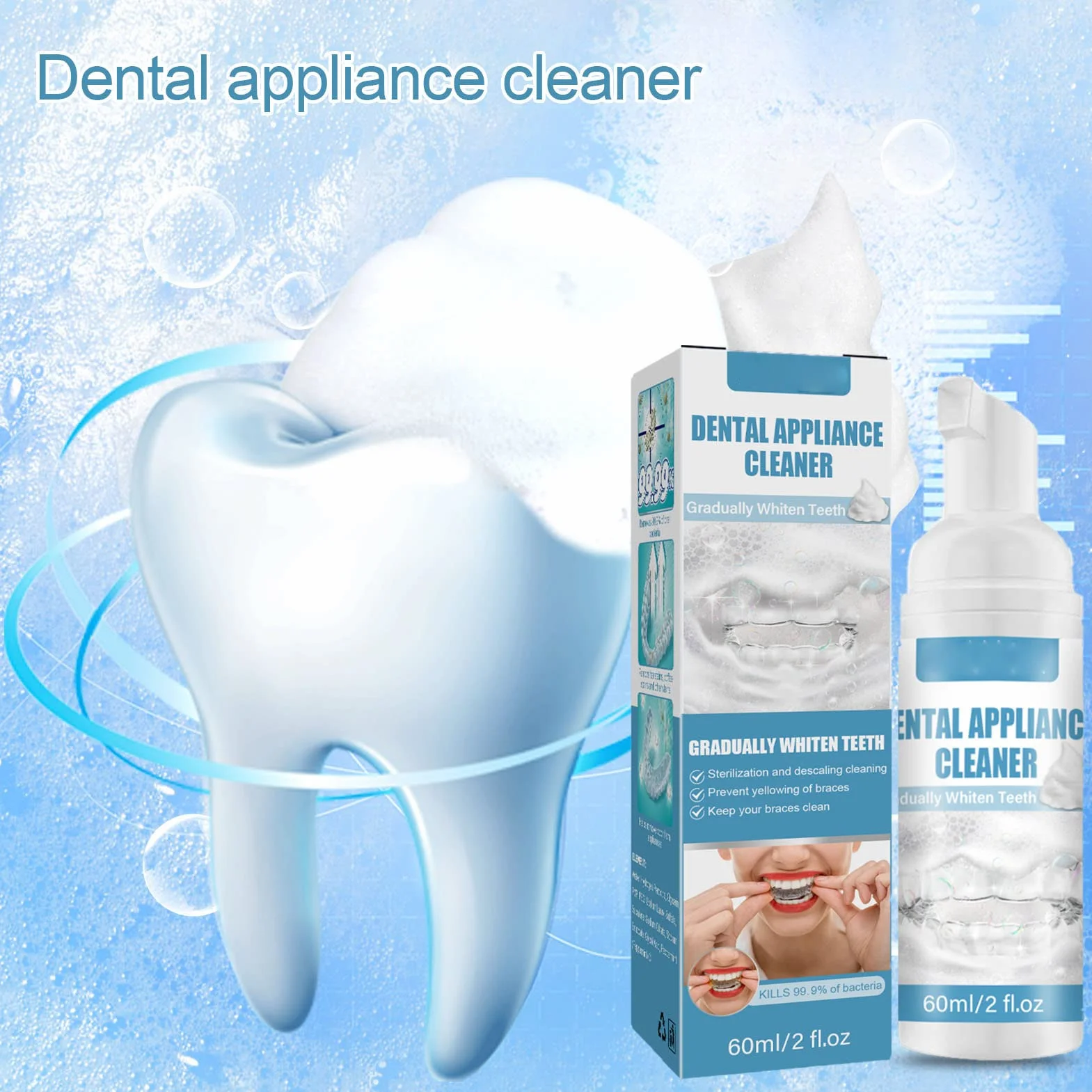 Espuma Limpiadora de Aparatos Ortopédicos Dentales, Espuma Limpiadora para Limpiar, Bacterias Enfermas, Blanquear los Dientes y Combatir el Mal Aliento, Suero para Eliminar