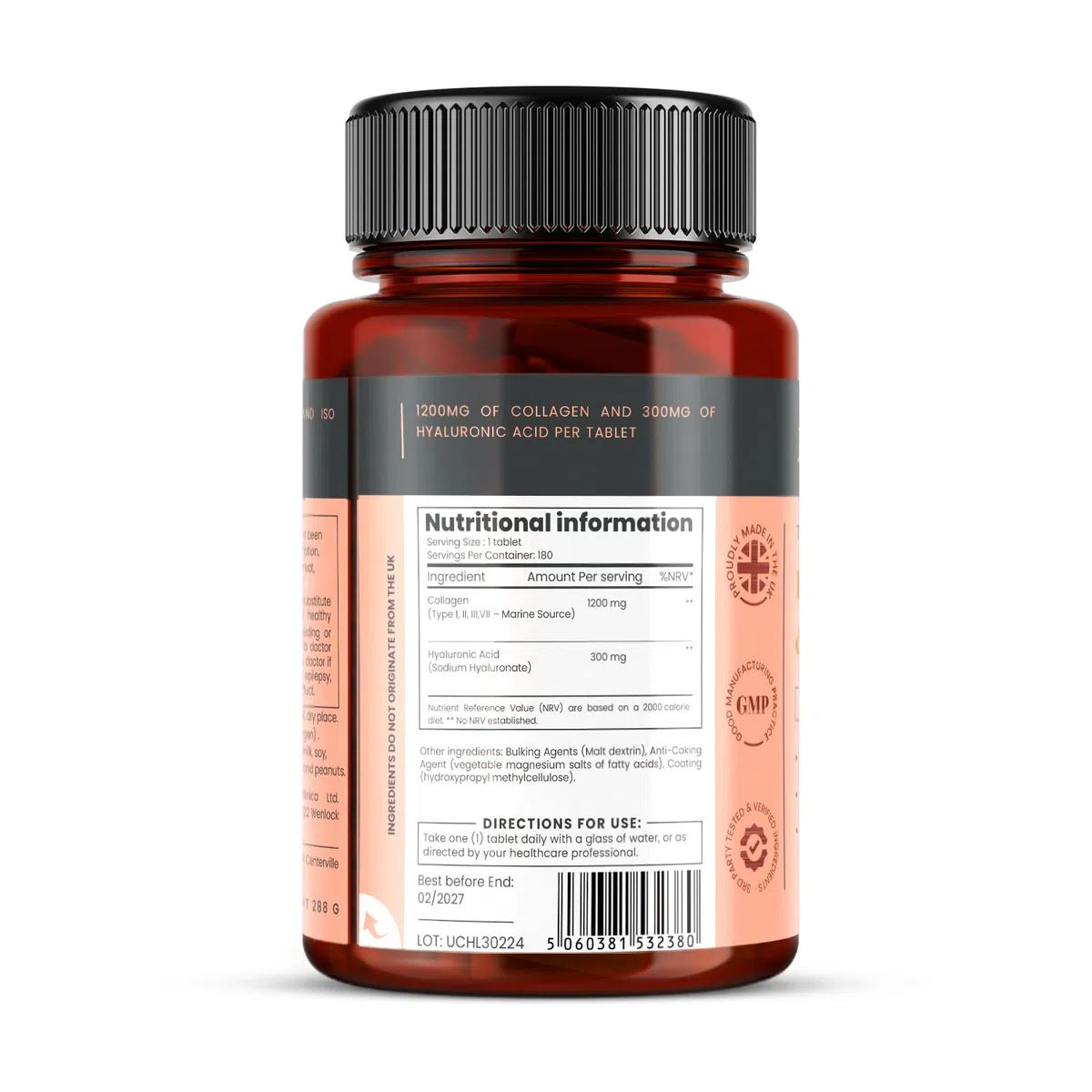 1500 mg x 720 comprimidos. 1200 mg de colágeno UltraColl y 300 mg de ácido hialurónico por tableta. (4 frascos de 180 comprimidos cada uno - suministro para 12 meses)