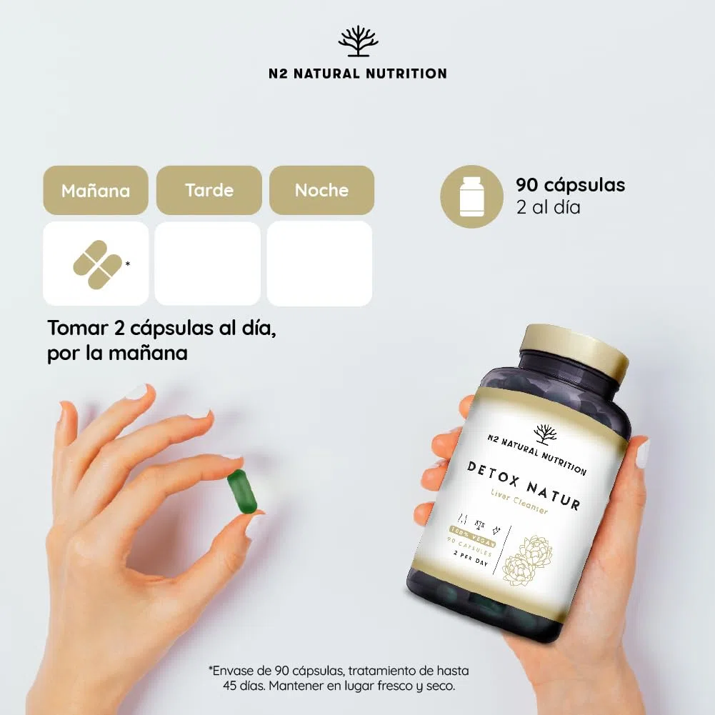 N2 Natural Nutrition Detox depurativo. Cardo mariano, alcachofa, vitamina B (B6, B2, B1), bardana y selenio. Antioxidante, retencion de liquidos. 90 Cápsulas. Vegano.