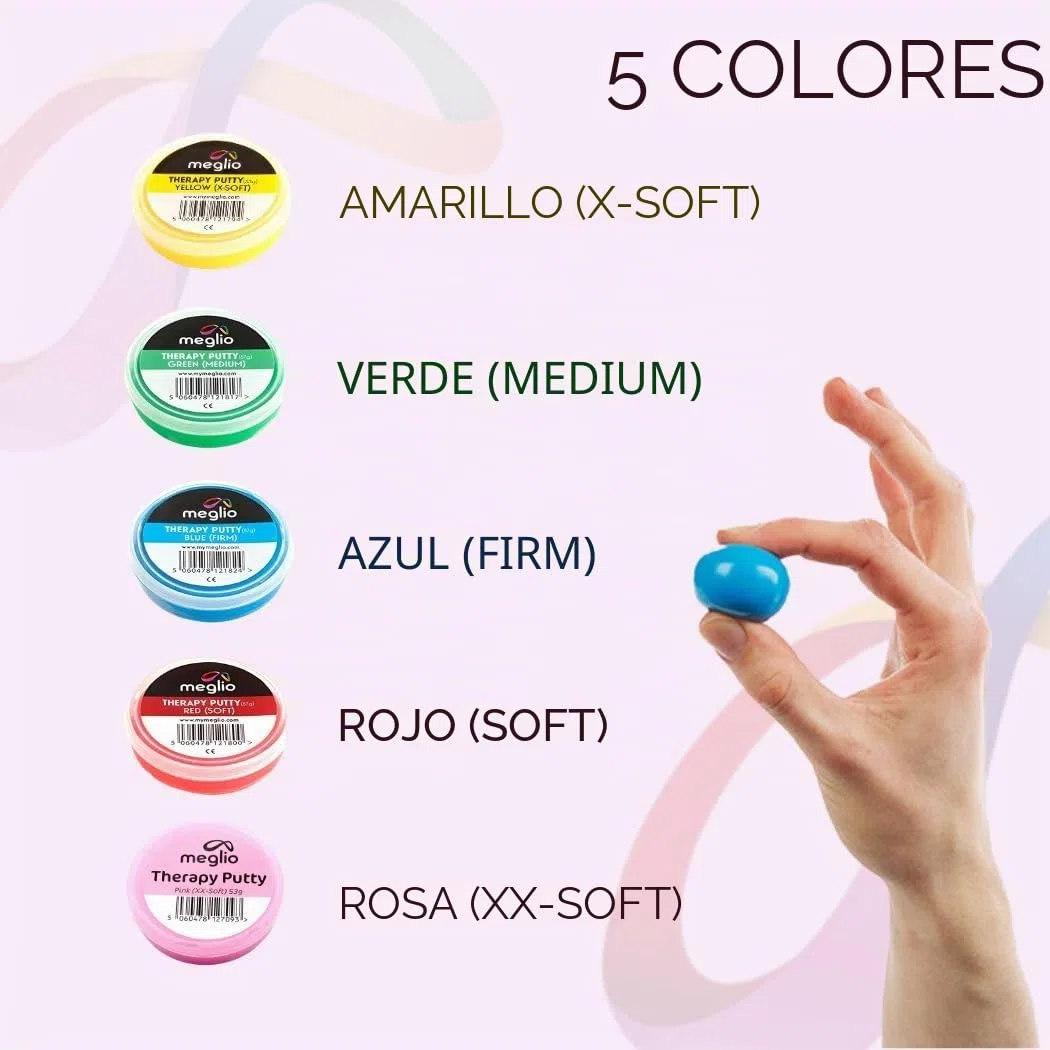 Masilla Terapéutica para Manos Meglio 53g - para Ejercicios de Manos focalizados en la Rehabilitación y Recuperación de la Mano, Fortalecimiento Muscular (Pack de 5)