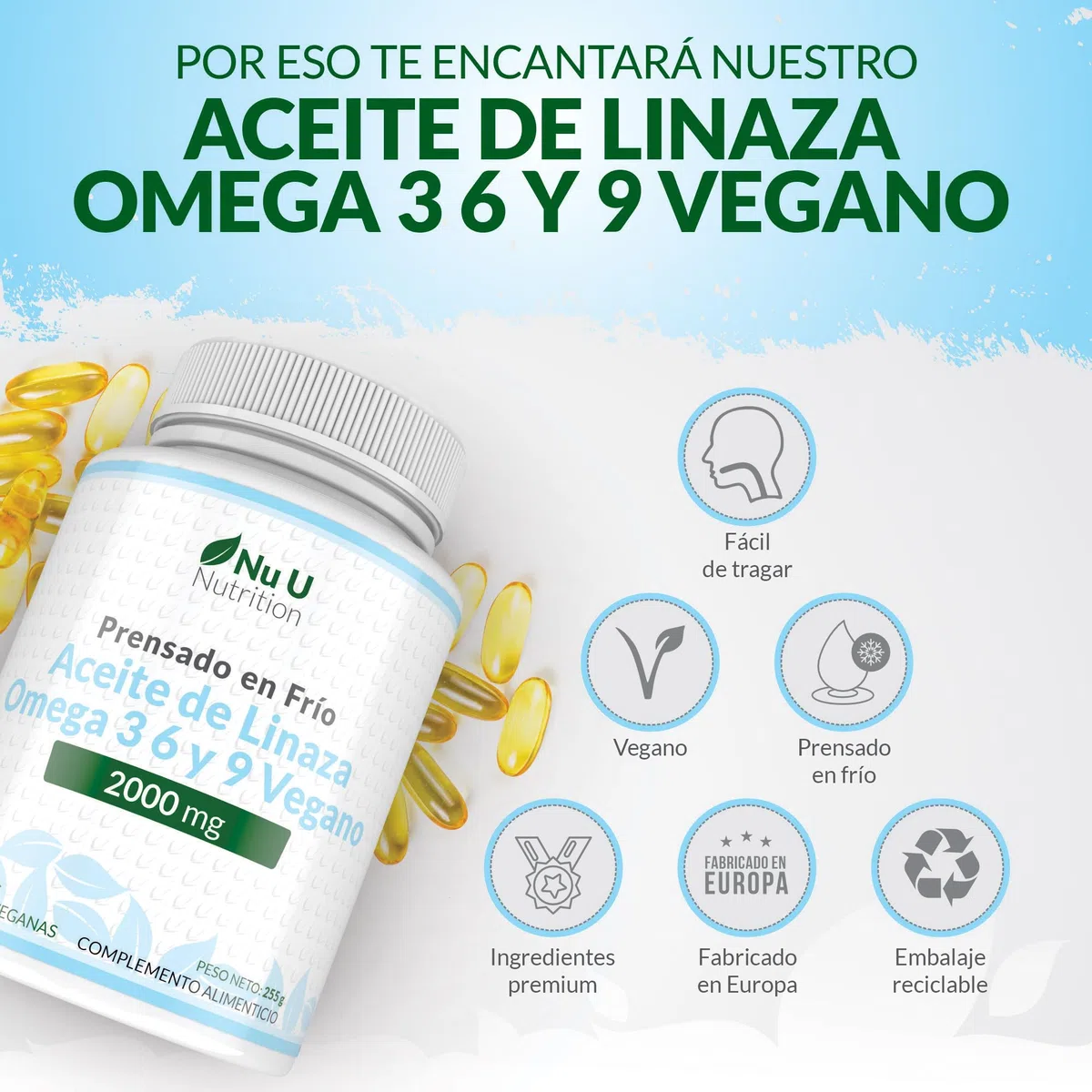 Aceite de Linaza Vegano 2000mg - 180 Cápsulas Blandas - Prensado en Frío Rica Fuente de Omega 3 6 y 9 | Suministro para 3 Meses - Fabricado en Europa - Nu U Nutrition