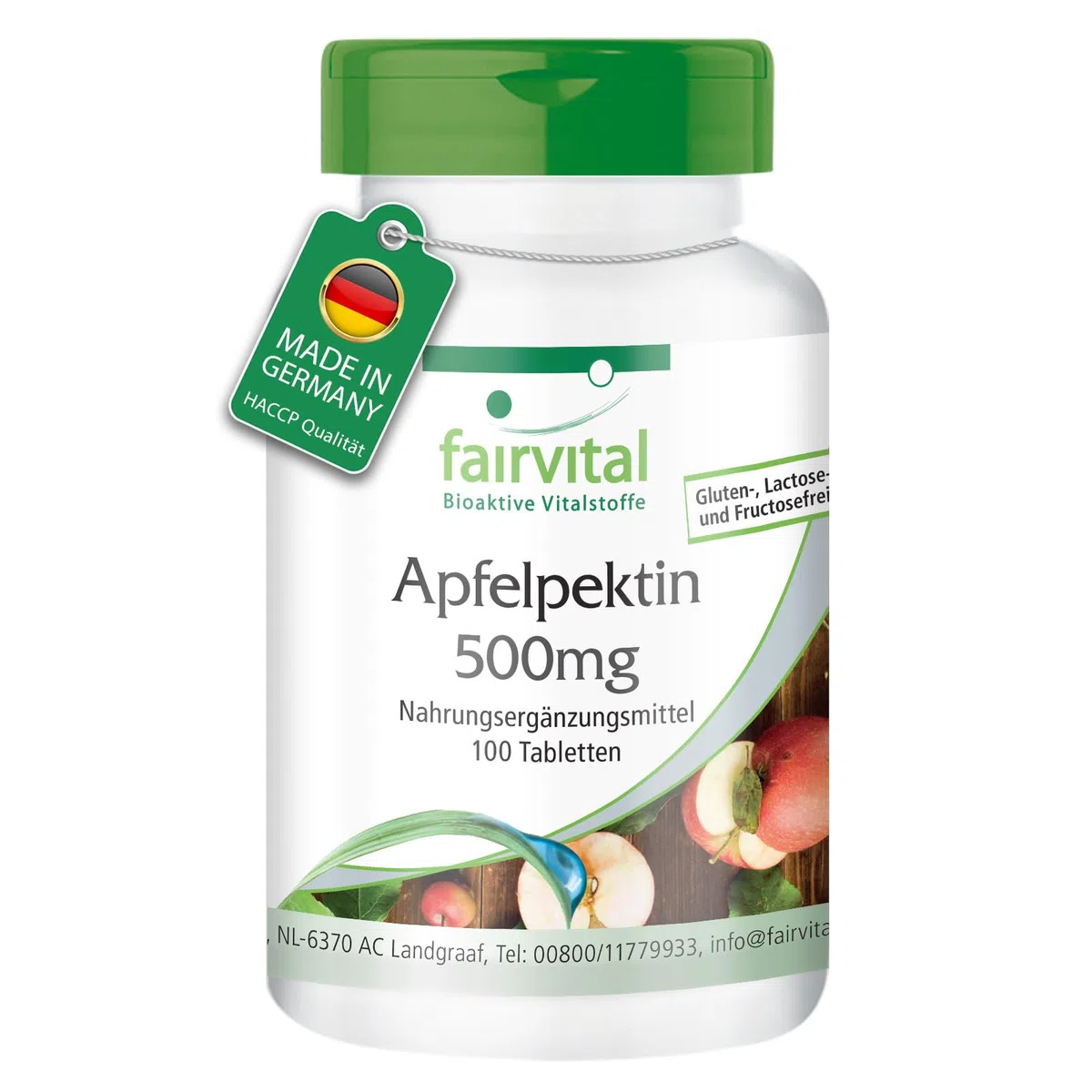 fairvital Pectina de manzana 500mg comprimidos, 100 comprimidos, con fibra soluble, calcio y vitamina C, VEGANO