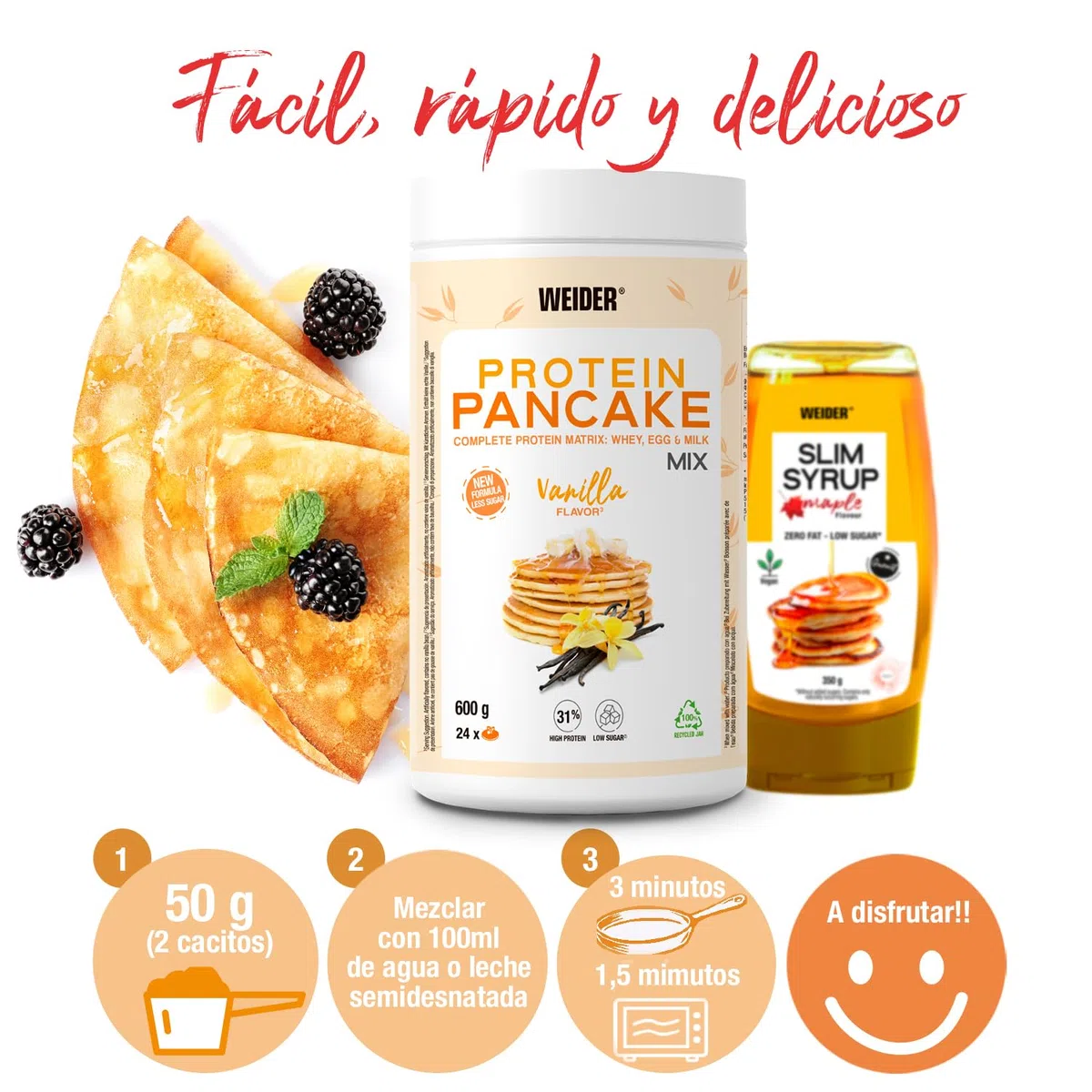 Weider Protein Pancake Mix. Tortitas De Harina De Avena Integral, Enriquecidas Con Proteinas. Sabor Vainilla, color Blanco, 600 ml