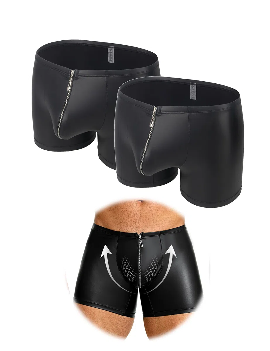Calzoncillos para hombre de piel sexy, calzoncillos tipo bóxer de aspecto mojado, tallas grandes, pantalones cortos eróticos con cremallera, lencería atractiva, bragas con bolsa, ropa