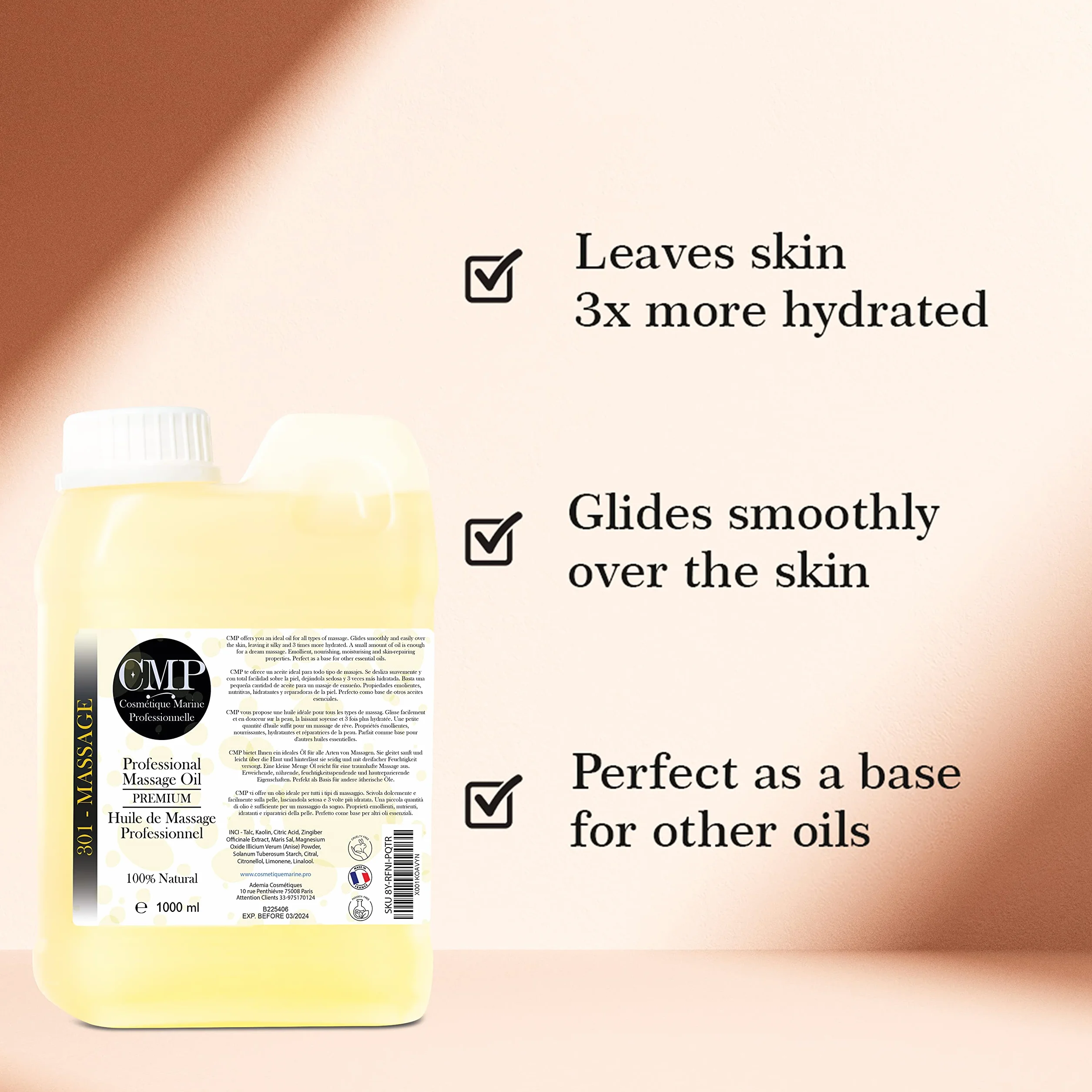 Aceite de Masaje, Ayurvédico, Profesional, + Dosificador, Formato AHORRO, EL MASAJE QUE ESTABAS ESPERANDO, Ideal para Salón de Belleza, Maderoterapia, Aromaterapia, Fisioterapia, SPA en Casa 1000 ml