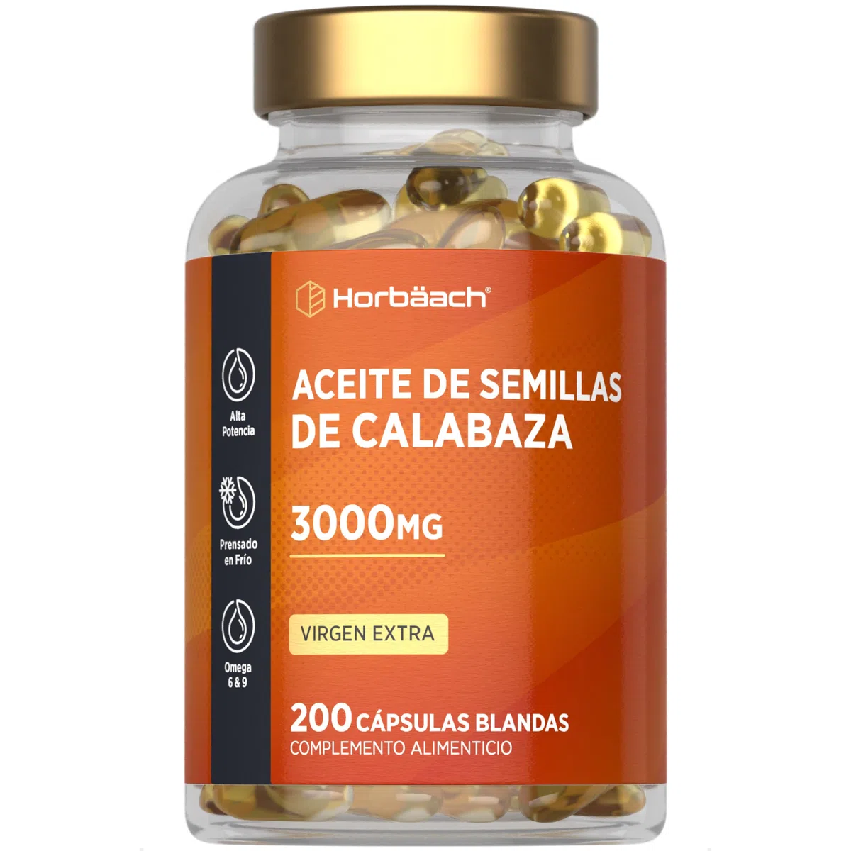 Aceite de Semillas de Calabaza 3000mg | 1350mg Omega 6 y 450mg Omega 9 | 200 Cápsulas | Máxima Potencia | Prensado en Frío y Extra Virgen | Pumpkin Seed Oil | de Horbaach