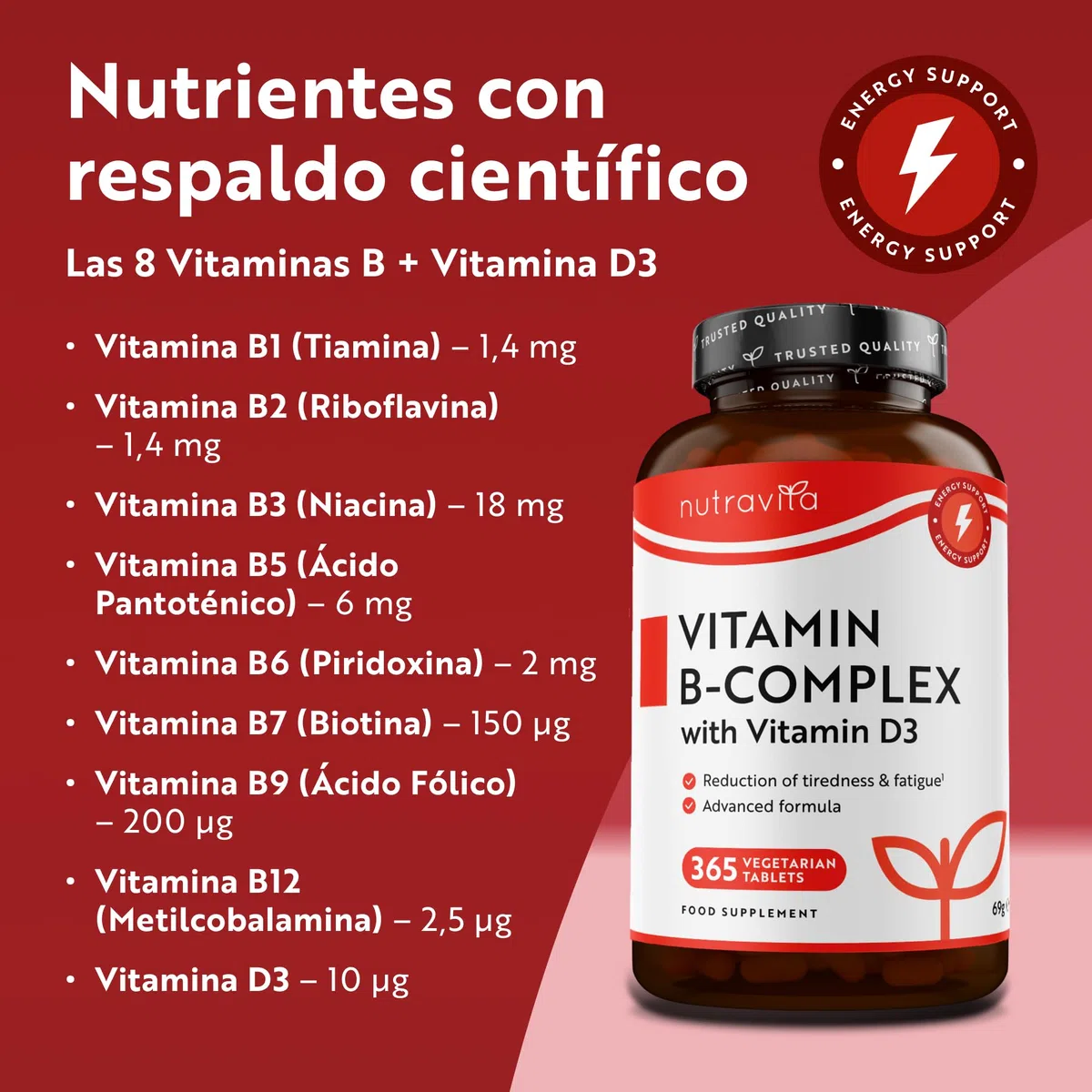 Nutravita Vitamina B Complejo con Vitamina D3 para Energía y Enfoque 365 Vegetariano Tabletas