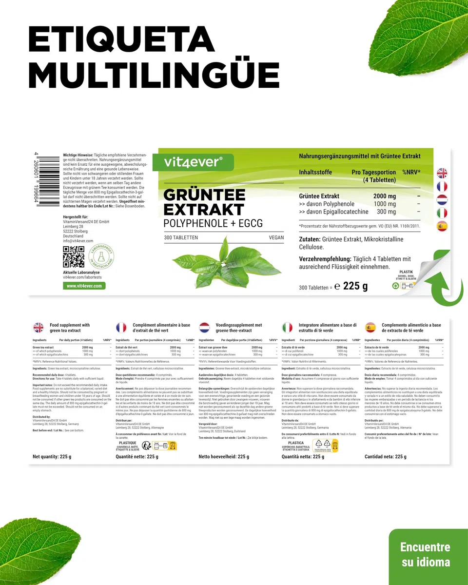 Extracto de Té Verde 300 Comprimidos dosis alta - 2000mg Extracto, 300mg EGCG & 1100mg Polifenoles por dosis diaria - Vegano