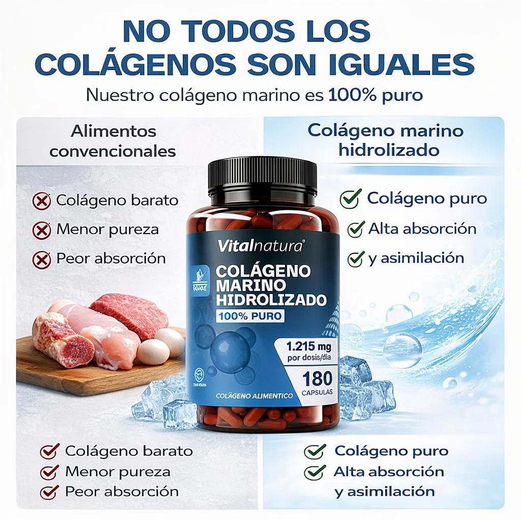 Colágeno Marino Hidrolizado 100% Puro 180 Cápsulas – Fórmula Premium para Articulaciones, Cartílagos, Recuperación Muscular y Huesos – Alta Absorción – Apoya Piel, Cabello y Uñas – Vitalnatura