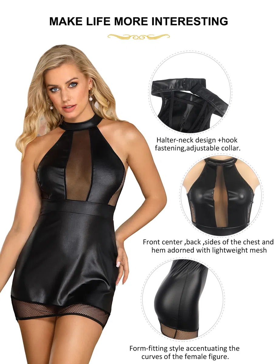 ohmydear Sexy Vestido de Cuero Elegante Curvy Minivestido Vaina Transparente Corto de Cuero Sexy Clubwear Vestido de Fiesta Erótico de Piel de Faux