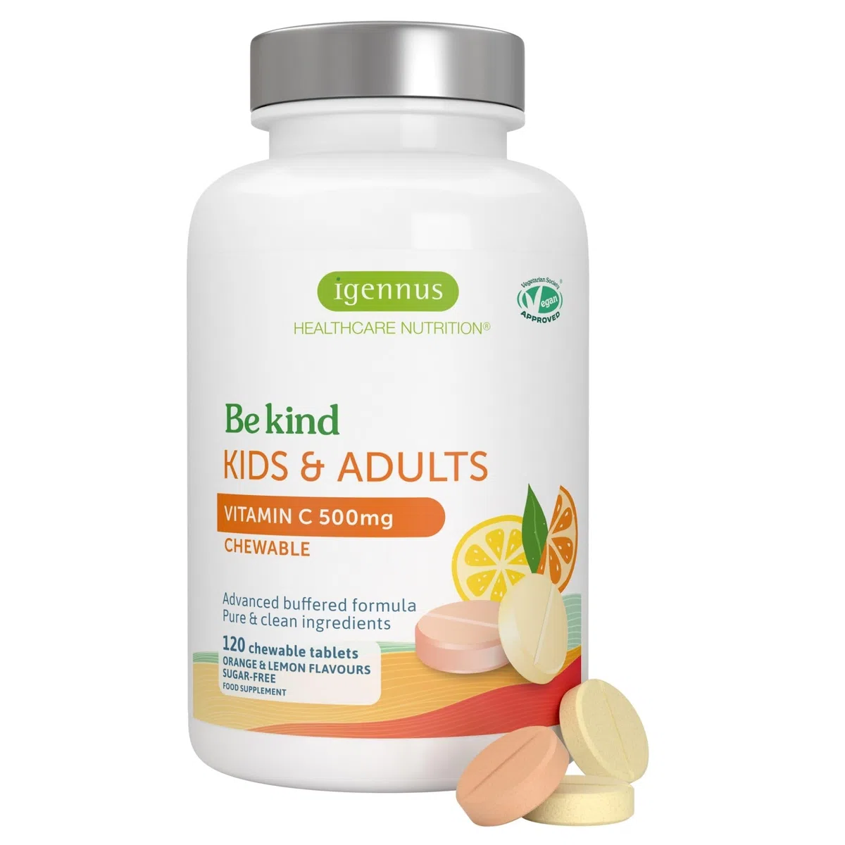 Igennus Vitamina C Avanzada Masticable Sin Azúcar 500mg, 120 Dosis, Niños y Adultos, Pura y Suave, Fórmula Tamponada de Alta Absorción, Vegana, Sabor a Naranja y Limón