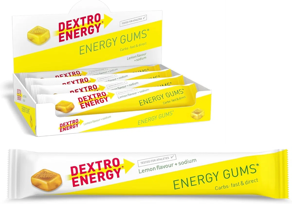 Dextro Energy Gums Lemon + Sodium - 8x45g (Pack de 8), High Carb Sport Gummies para aporte rápido de carbohidratos