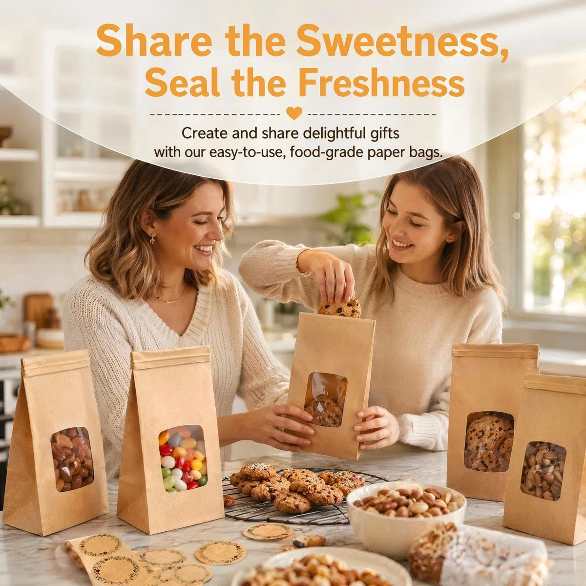 60 Pcs Bolsas para Galletas Pequeñas con Ventana de Papel Kraft 17x9x6cm Bolsas para Dulces Cumpleaños Alambre Autocierre Revestimiento Antigrasa Grado Alimentario Pegatinas Decorativas Anti Rotura