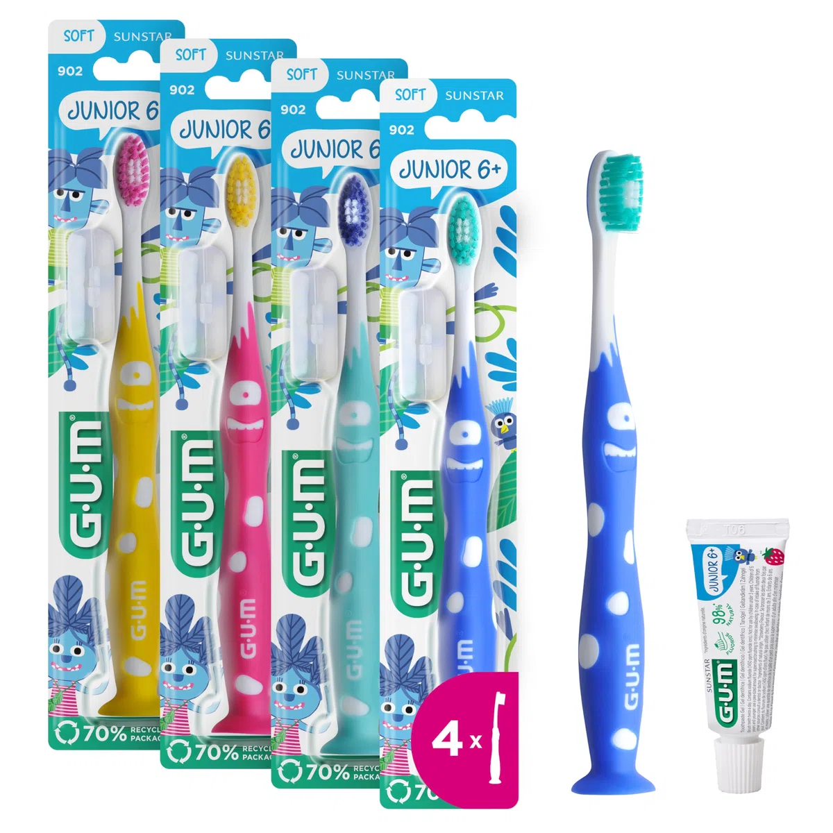 GUM Cepillo de dientes junior para niños de 6 a 9 años, cabeza acolchada, cerdas suaves, mango de agarre antideslizante, ventosa, 1 pieza, 4 x 1 pieza (con 1 muestra adicional)