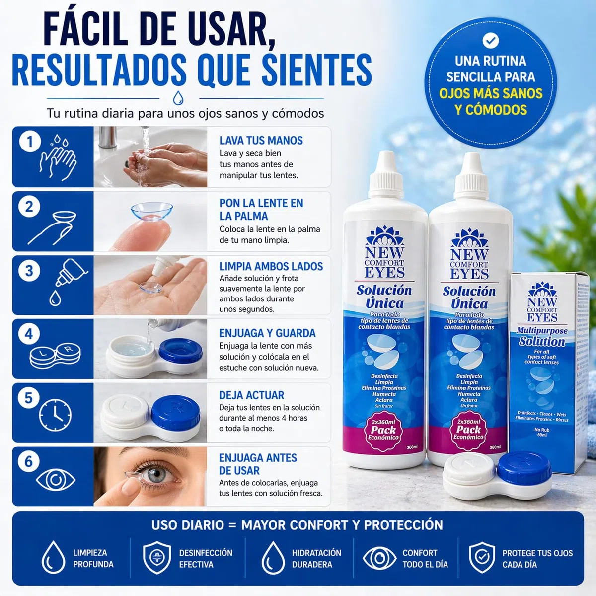 EYES Solución Única para Lentes de Contacto – Pack Ahorro 2+1 (2x360ml + 1x60ml) – Limpia, Desinfecta e Hidrata – Con Portalentillas – Para Todo Tipo de Lentes