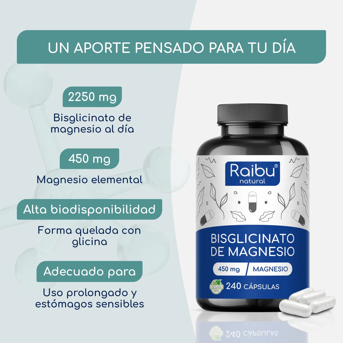 Bisglicinato de Magnesio - 450 mg de magnesio (magnesium) elemental/dosis diaria - 240 Cápsulas, hasta 4 meses de suministro - inocuo para el estómago, vegano y de alta dosificación