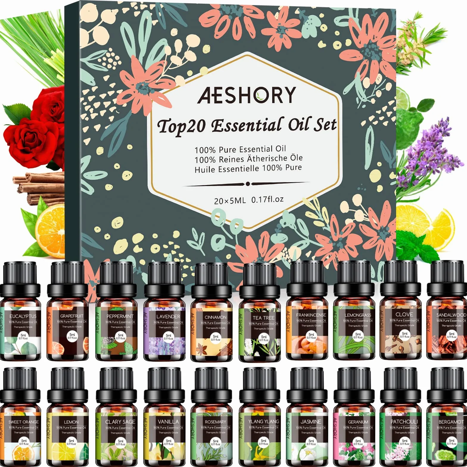 AESHORY Set de Aceites Esenciales para Humidificador 20 X 5ML, 100% Naturales Aromaterapia Aceite Esencial para Difusor Aroma, SPA, Masajes - Lavanda, Árbol de Té, Menta, Bergamota, Eucalipto, Clavo