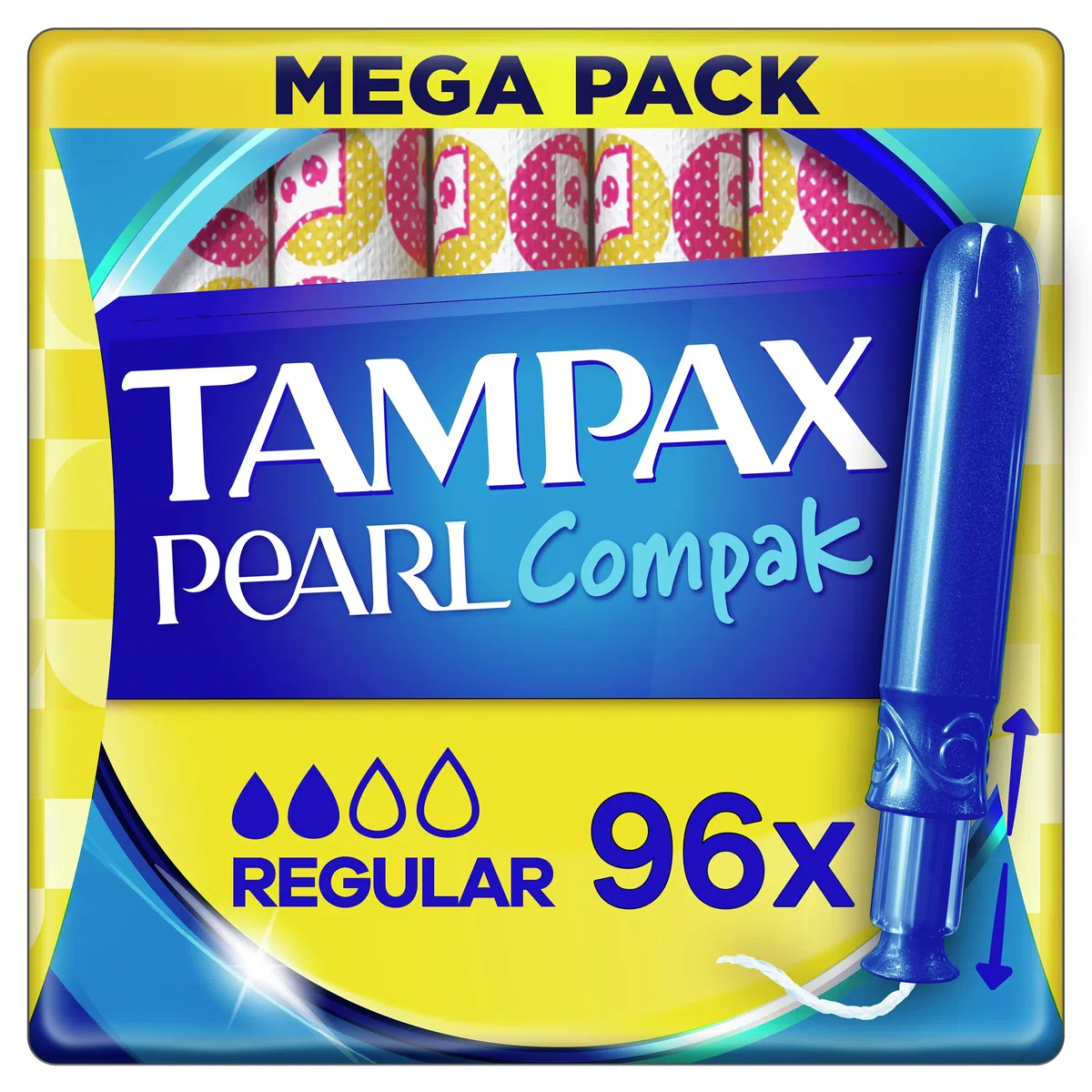 Tampax Compak Pearl - 96 sellos con aplicador, regular, flujo ligero a mediano, triple confort, aplicador suave, velo suave, certificado Oeko-Tex, probado dermatológicamente