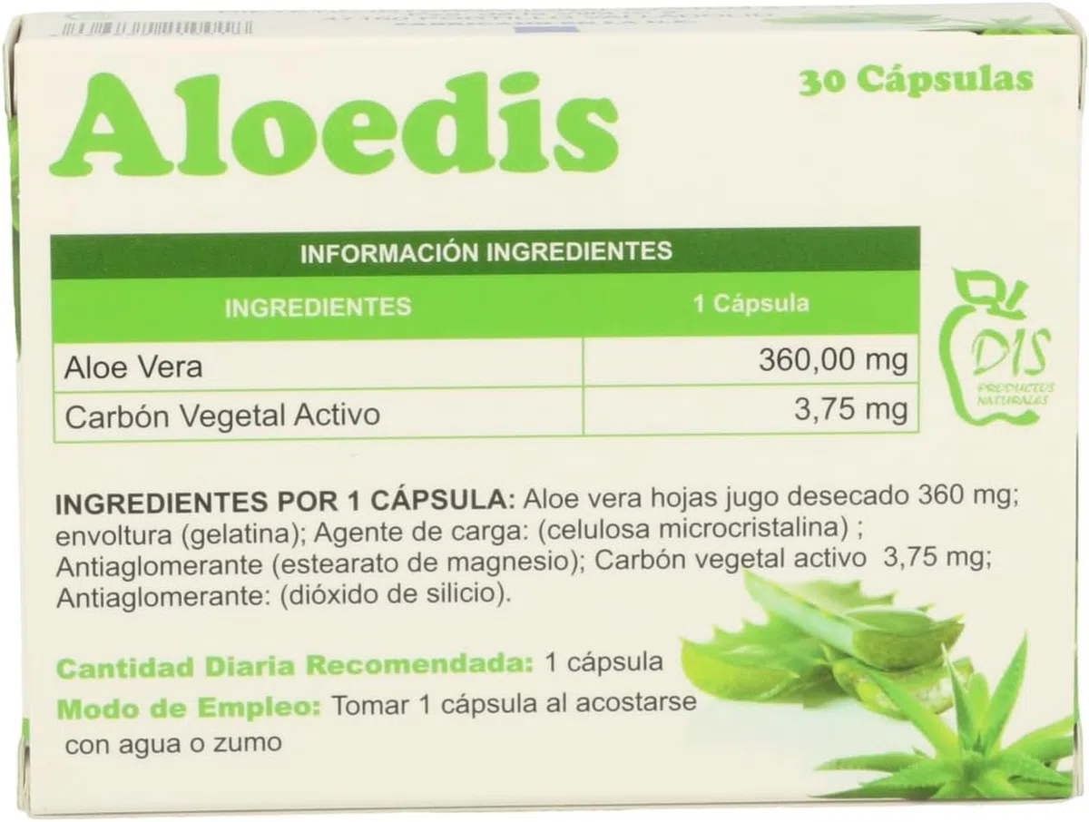 Dis Aloedis 60 cápsulas | Cápsulas para Digestión y Tránsito |Aloe Vera y Carbón Vegetal Activo | Complemento Alimenticio Natural | DIS