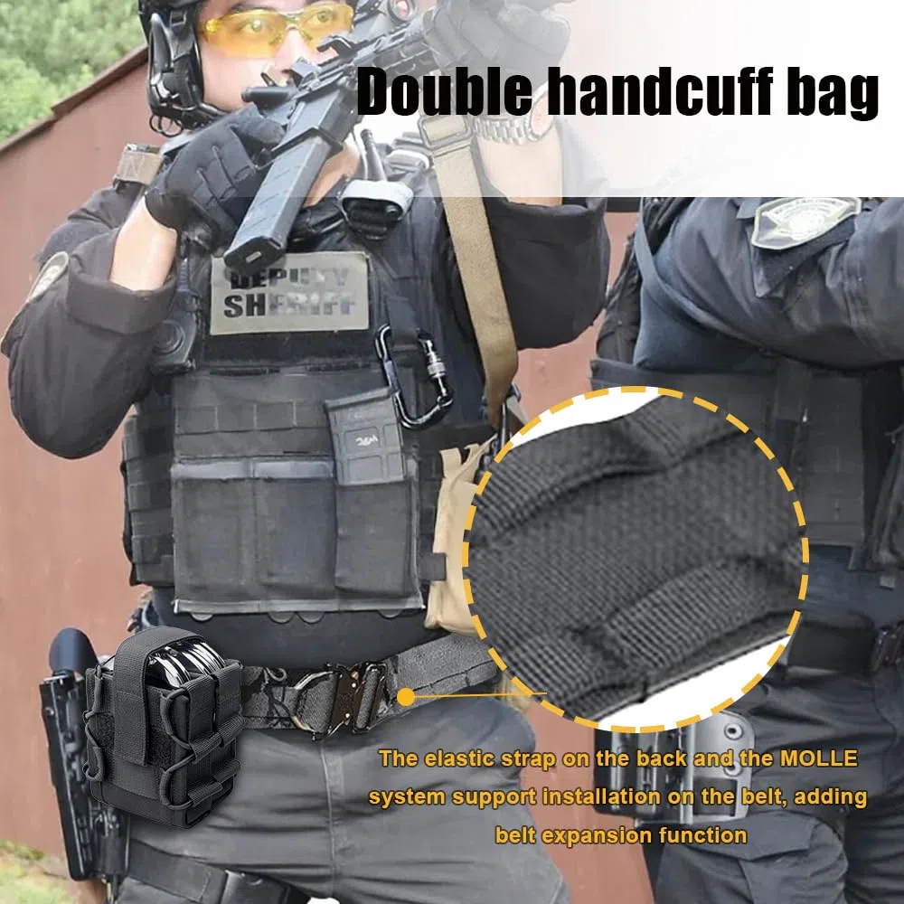 Bolsa doble para esposas, soporte para esposas MOLLE de nailon con parte superior abierta con trabilla para cinturón, con bisagras, cadenas, esposas rígidas plegables (no incluye esposas)