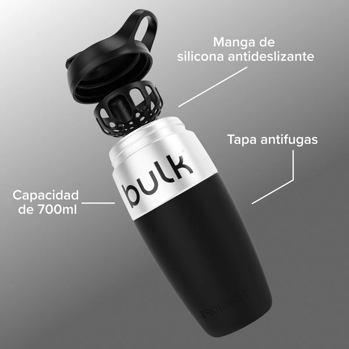 Bulk x Promixx Shaker Acero Inoxidable | Negro | 700ml | Diseño Resistente & Antifugas | Agitador Snap-Fit para Mezcla Perfecta | Mango Antideslizante | Larga Duración