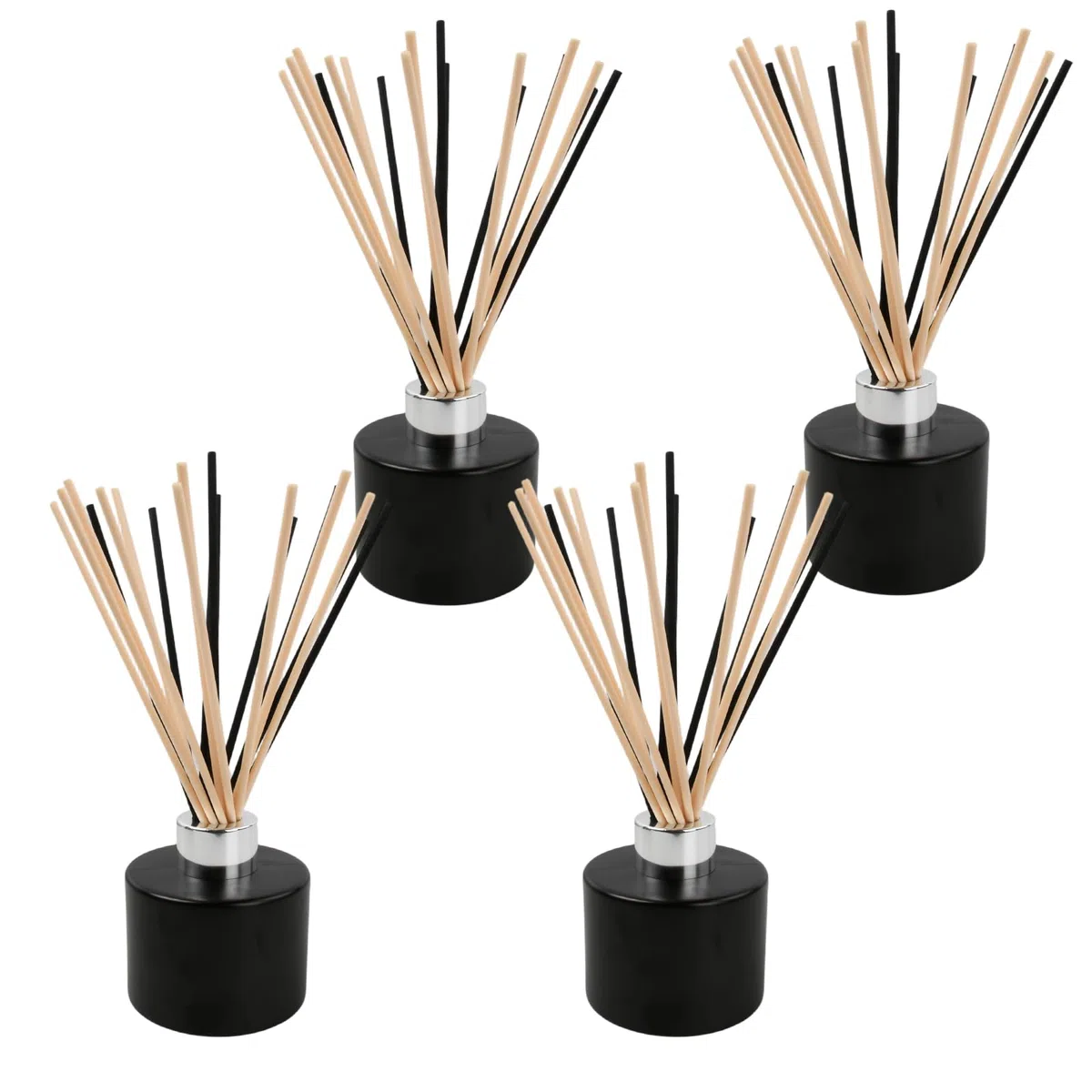 4 Pcs Botella Difusora de Vidrio, 120ML Frasco Difusor de Vidrio con 100 Varillas Ambientador Difusores de Aceites Esenciales para Hogar Baño Negro (Plata)