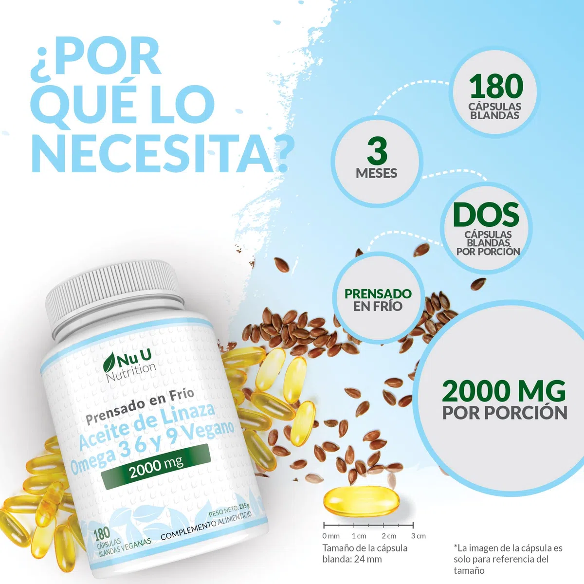 Aceite de Linaza Vegano 2000mg - 180 Cápsulas Blandas - Prensado en Frío Rica Fuente de Omega 3 6 y 9 | Suministro para 3 Meses - Fabricado en Europa - Nu U Nutrition