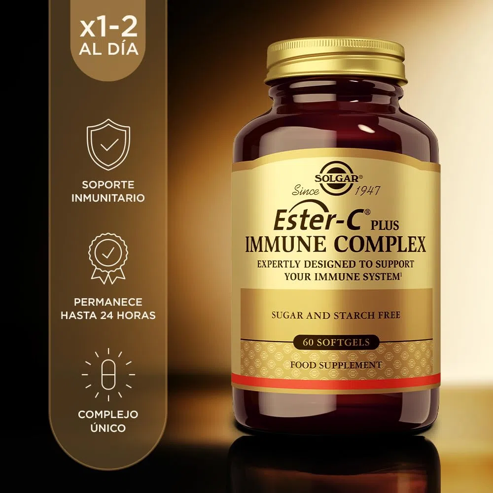 Solgar Ester-C Plus Complejo Inmune, Vitamina C Patentada con Saúco, Equinácea y Astrágalo, Refuerzo Inmunitario Avanzado con Vitaminas A, B6, B12, D3 y Zinc, 60 Cápsulas Blandas