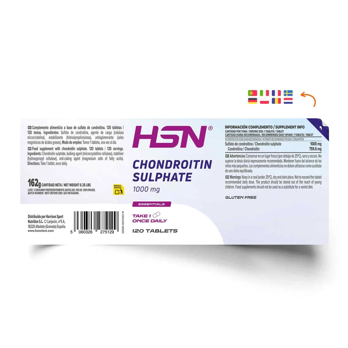 HSN Sulfato de Condroitina 1000mg | 120 Tabletas | Alta Pureza, Sin Alérgenos Marinos | No-GMO, Sin Gluten