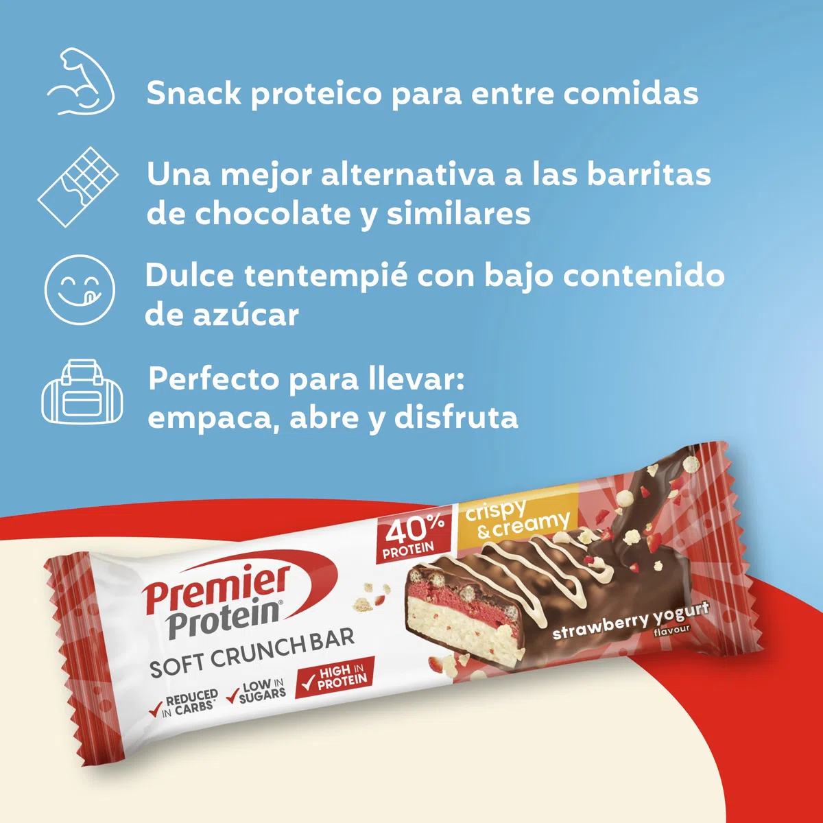 Premier Protein Soft Crunch Bar 40% Protein Strawberry Yogurt 12x40g - Hoher Proteingehalt + Low Sugar + Palmölfrei