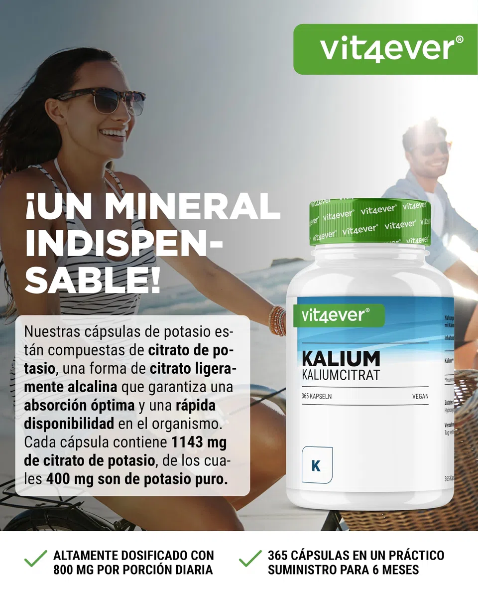 vit4ever Potasio - 365 Cápsulas con 800 mg de Potasio elemental (de Citrato de Potasio) por Dosis diaria - Alta Dosificación - Vegano