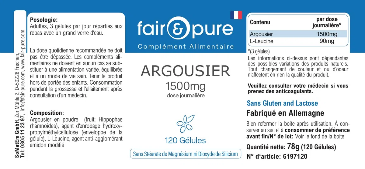 Fair & Pure Espino amarillo 1500mg, 120 cápsulas, complemento alimenticio vegano sin estearato de magnesio, fabricado en Alemania.