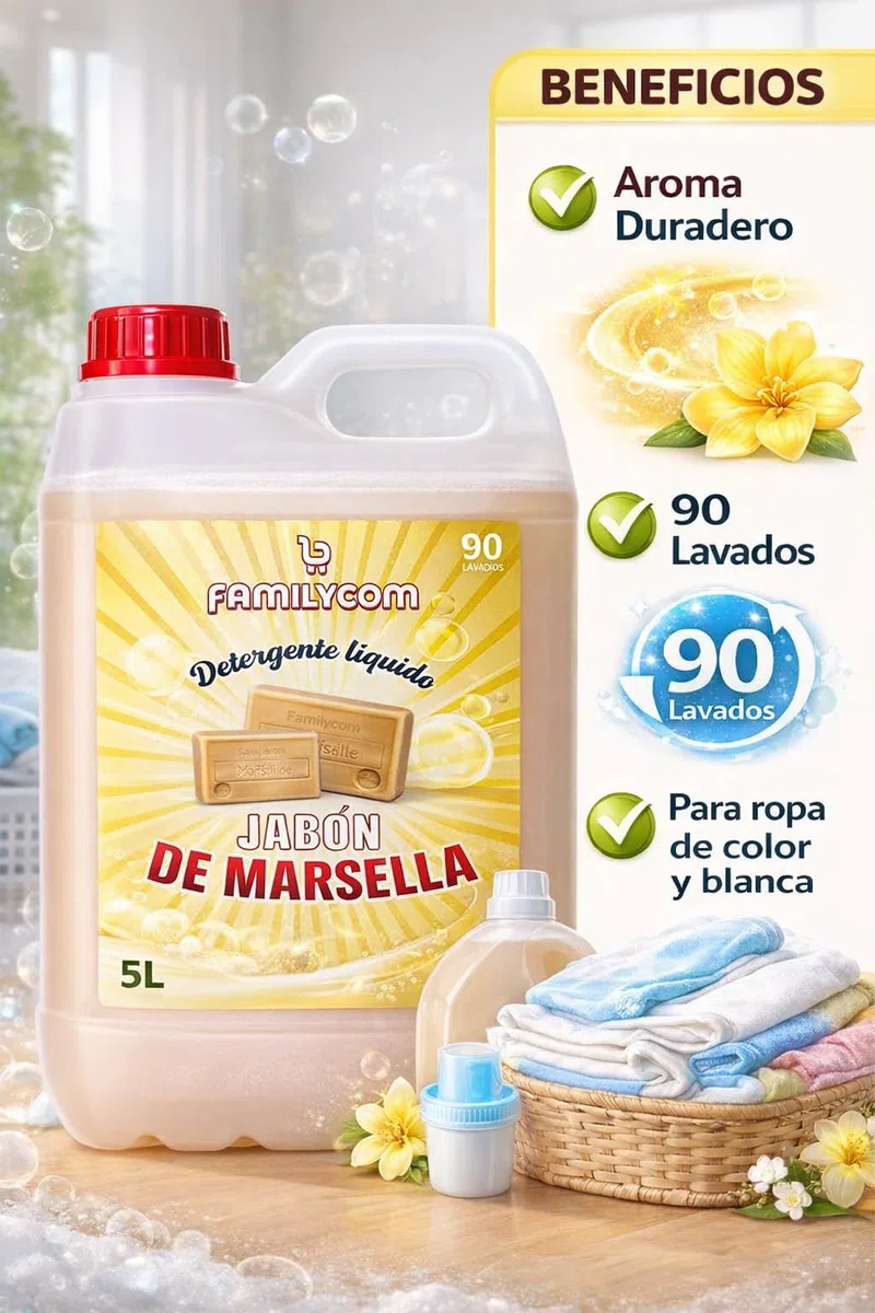 Detergente Líquido para Lavadora Marsella, Detergente Concentrado para Ropa Blanca y de Color, 90 lavados, Jabón Natural para una Ropa Limpia y Cuidada