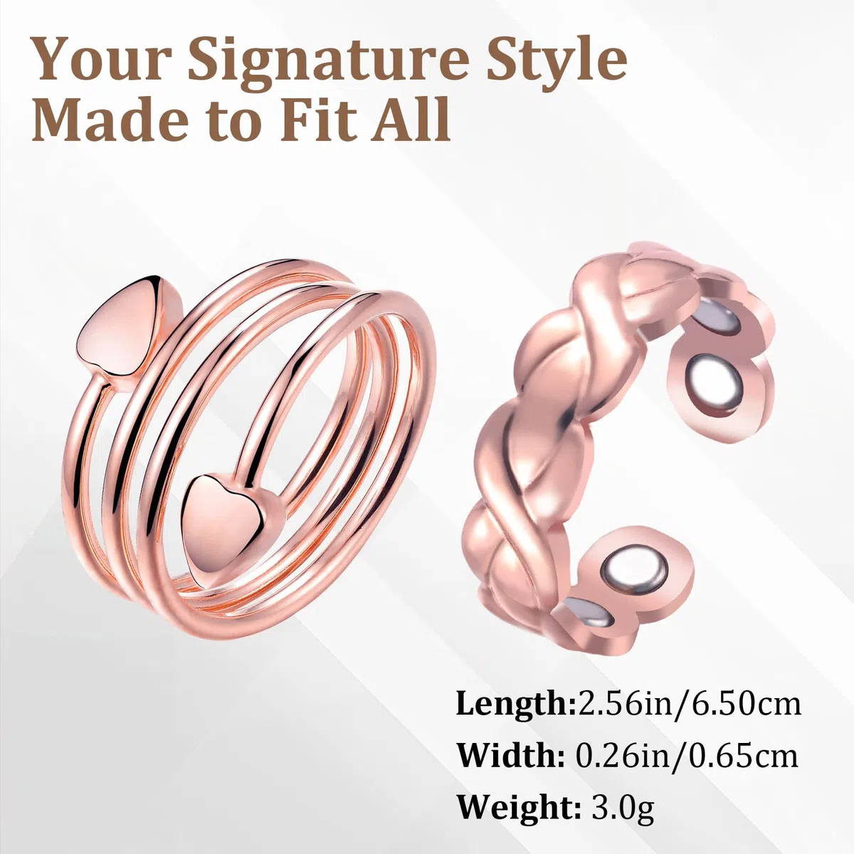 BioMag 2 anillos de cobre para drenaje linfático para mujer en diferentes diseños, anillo magnético de cobre puro con imán ultra fuerte 10X, joyería ajustable en caja de regalo