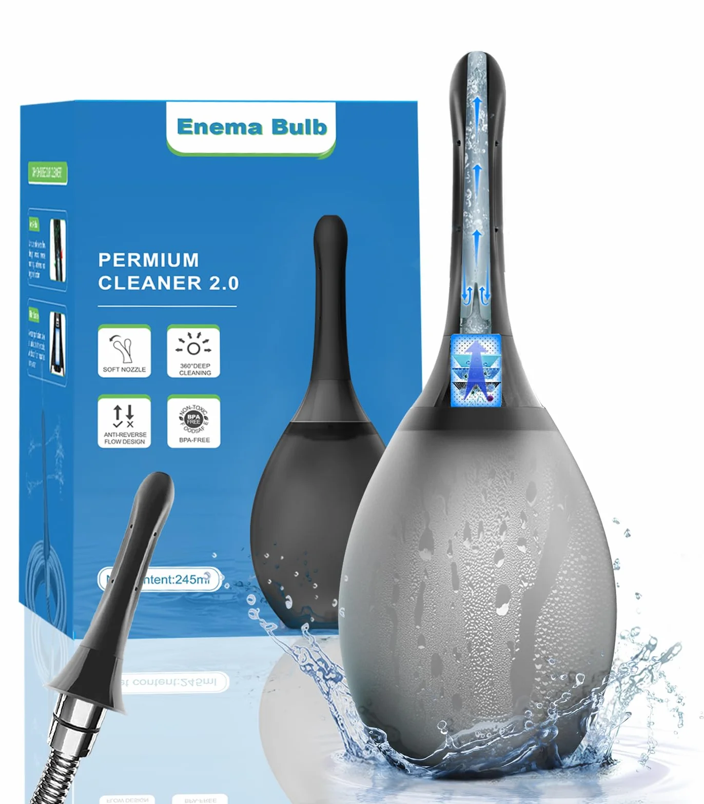 Enema Bulbo Anti-Reflujo de 245ml, Enemas Lavados Puede Conectarse al Tubo de la Ducha, Ducha Enema aliviar el estreñimiento para Limpieza de Colon en Hombres y Mujere (Negro)