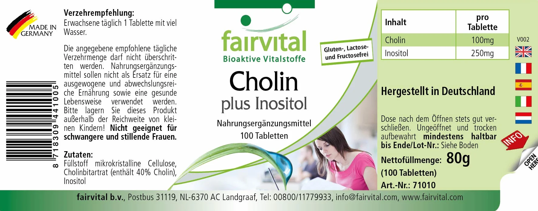 fairvital Bitartrato de colina más inositol, 100 comprimidos, ALTA DOSIS, VEGANO