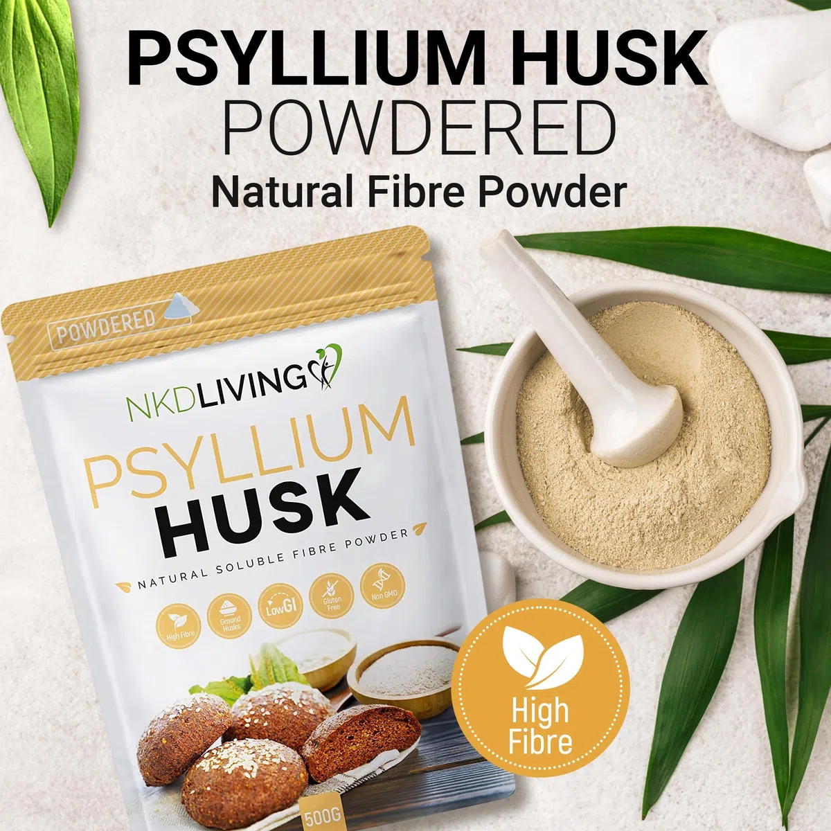 Psyllium Husk Powder de NKD Living (500g) | Probado para metales pesados, microorganismos y más de 500 pesticidas