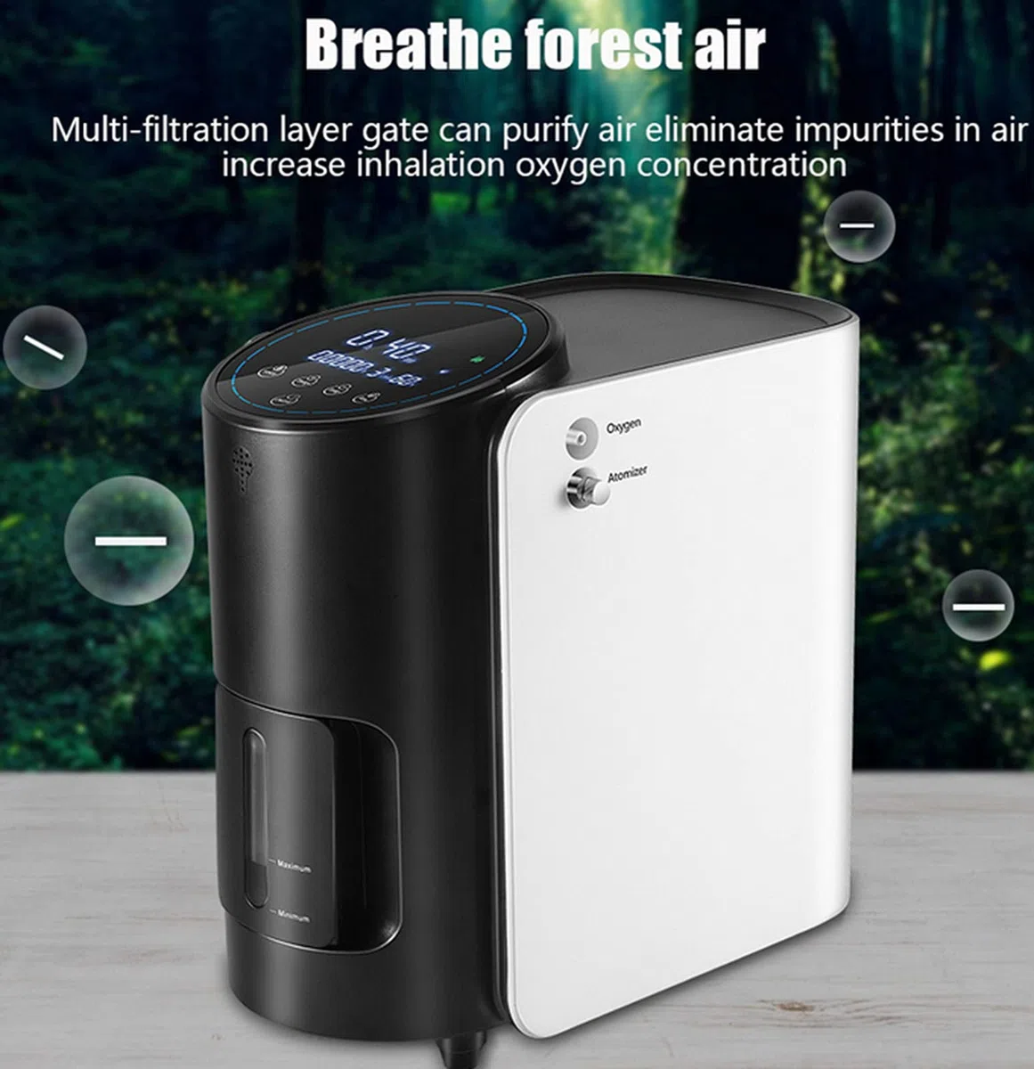 Generador concentrador de oxígeno y purificador de aire (1–7 L/min).