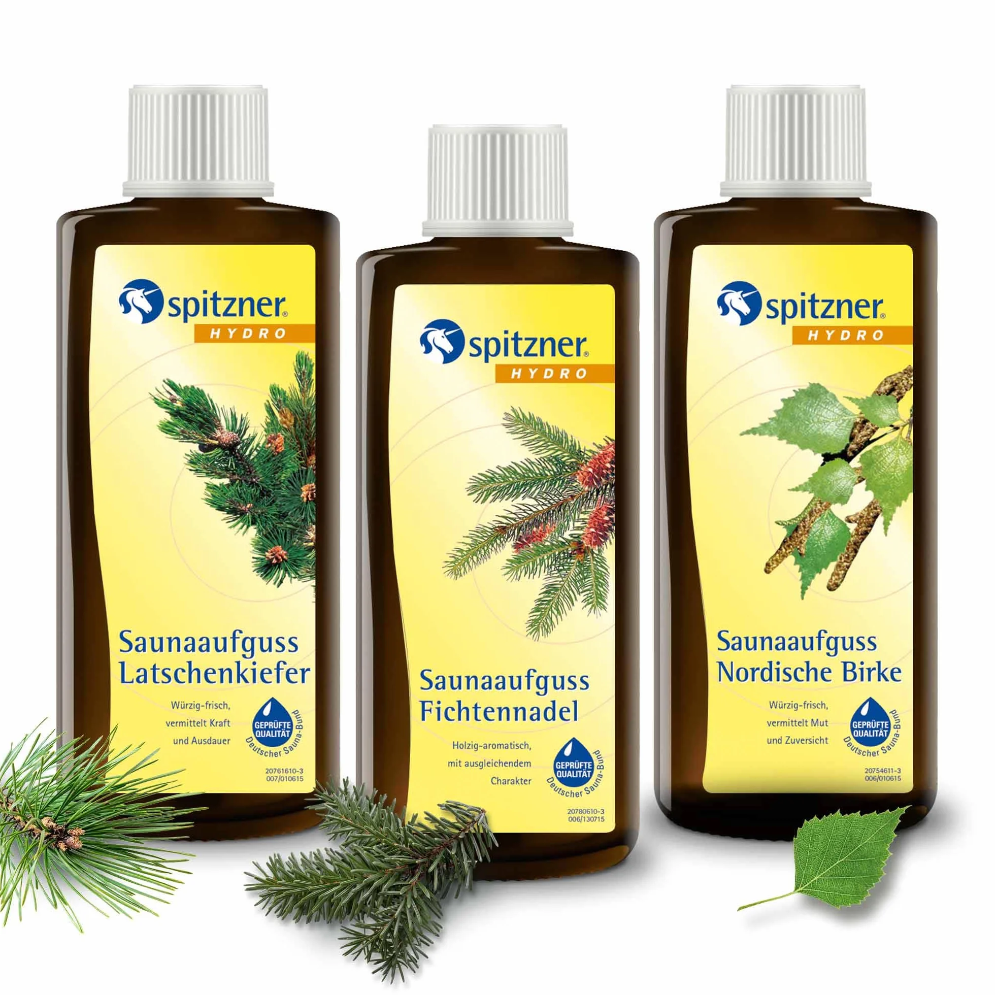 esencias aire del bosque, paseo por el bosque para saunas: „Agujas de abeto“ / „Pino de montaña“ / „Abedul nórdico“ (3x190 ml) de Spitzner