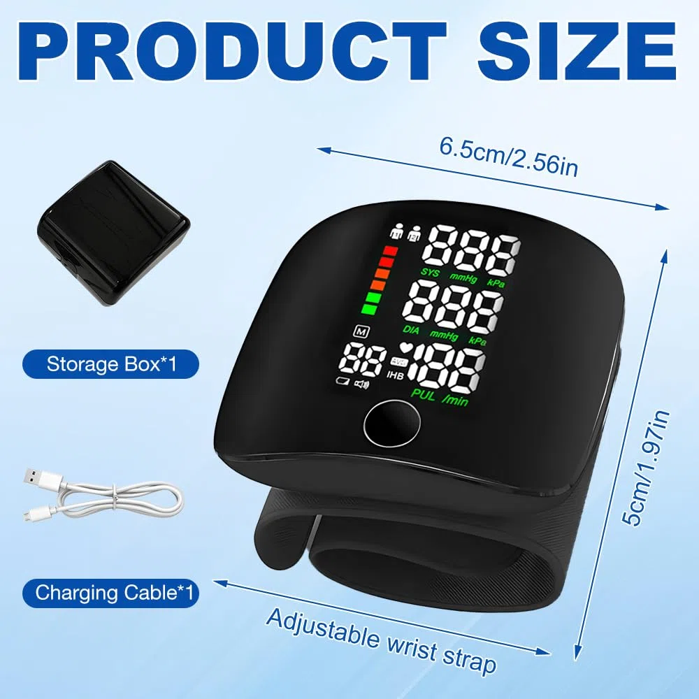 Tensiometro de Muñeca, Tensiómetro De Muñeca con Pantalla Táctil Led, Tensiómetro de Muñeca con Memoria de Lectura de 99x2 & Salida de Voz Automática, Recargable