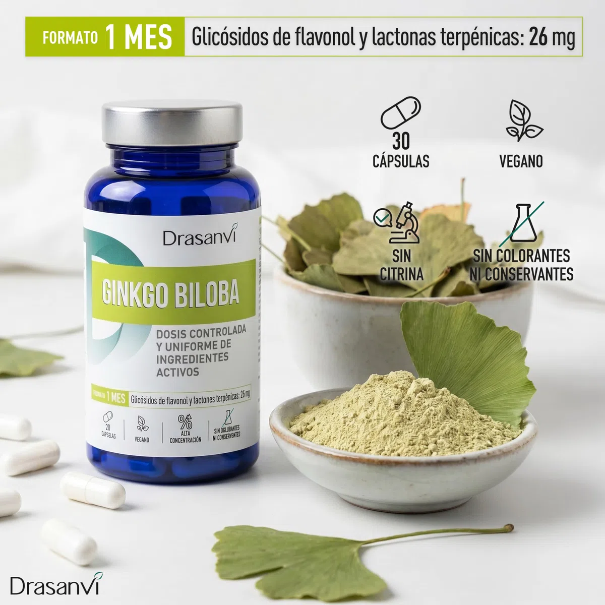 Ginkgo Biloba 30 Cápsulas Drasanvi | Extracto Estandarizado Alta Concentración | Apoyo a la Memoria, Concentración y Circulación | 1 Cápsula Diaria | Suplemento Natural